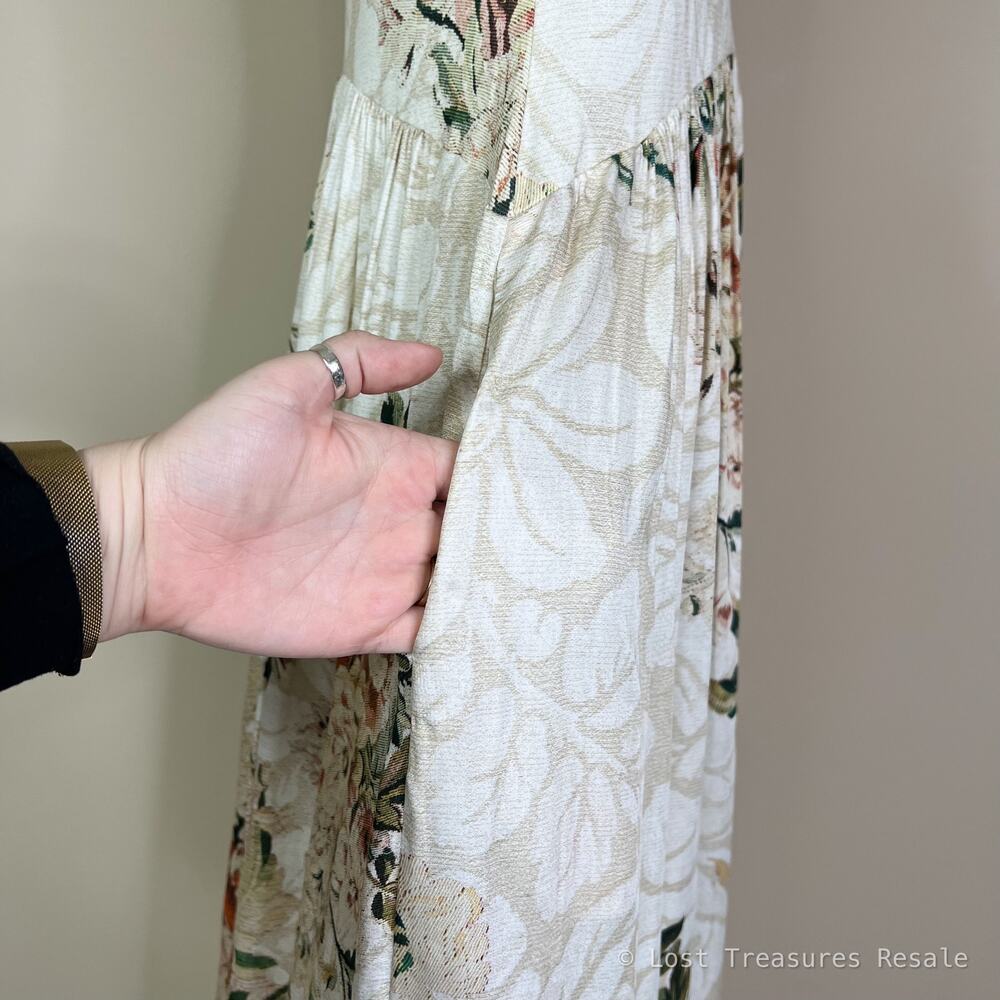 Peruvian Connection | Antique Floral Print Short Sleeve Soft Cream Midi Dress M - Picture 6 of 10